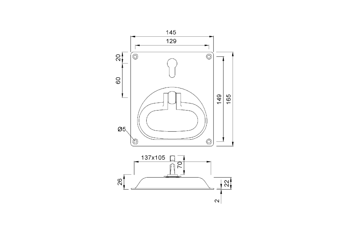 Product drawing KWS Flush handle 5160 / 5161 / 5162 / 5163