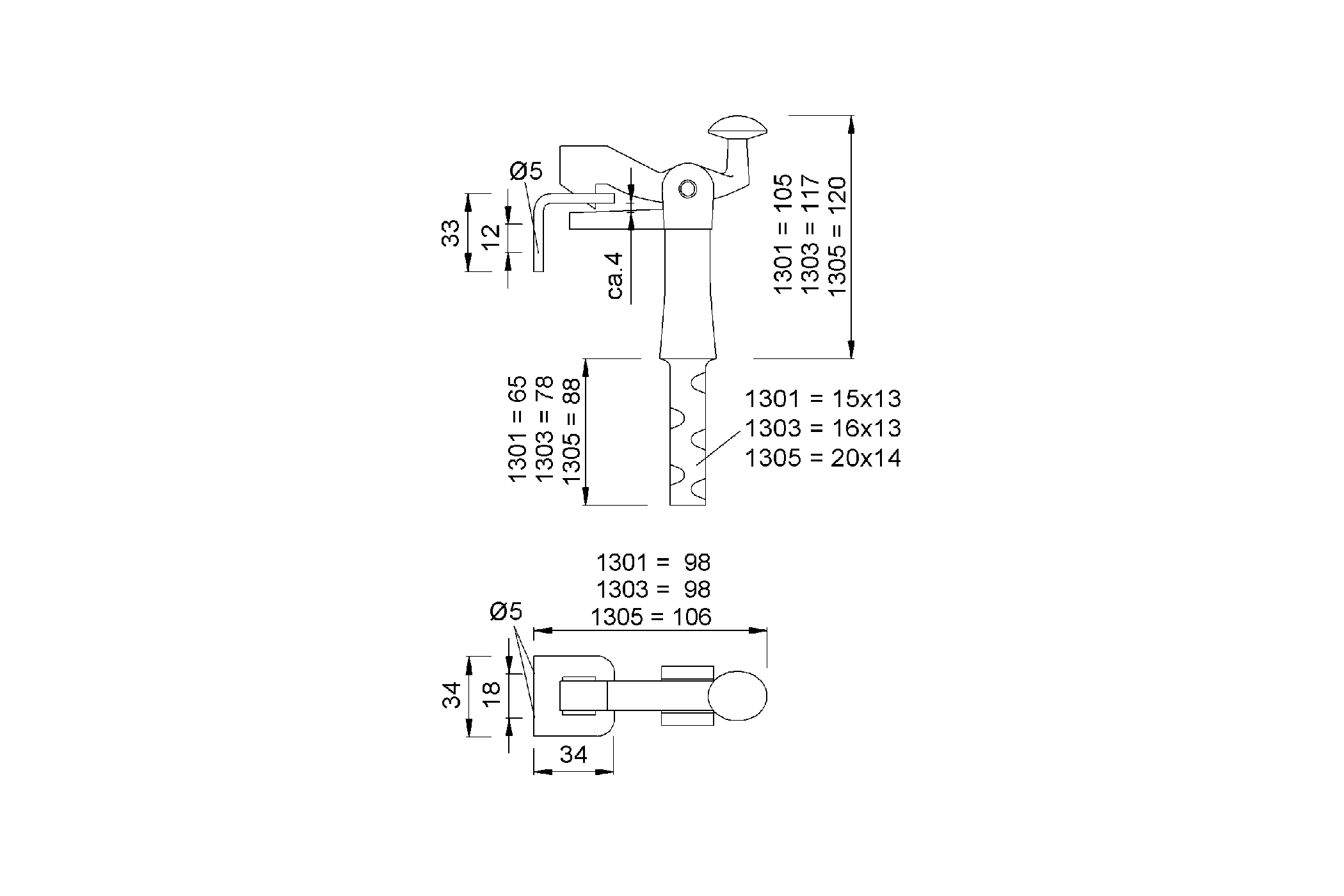 Product drawing KWS Door holder 1301 / 1303 / 1305