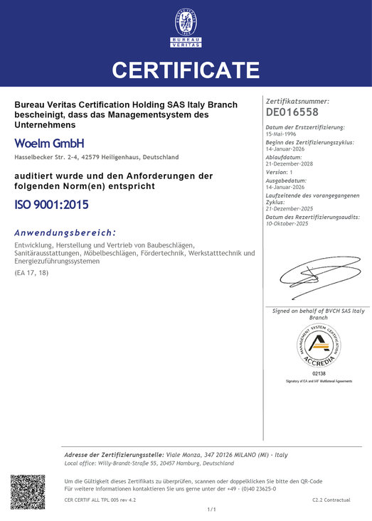 Zertifikat DIN EN ISO 9001:2015 Zertifizierung der Woelm GmbH nach der Prüfungsnorm DIN EN ISO 9001:2015 (Qualitätsmanagement)
