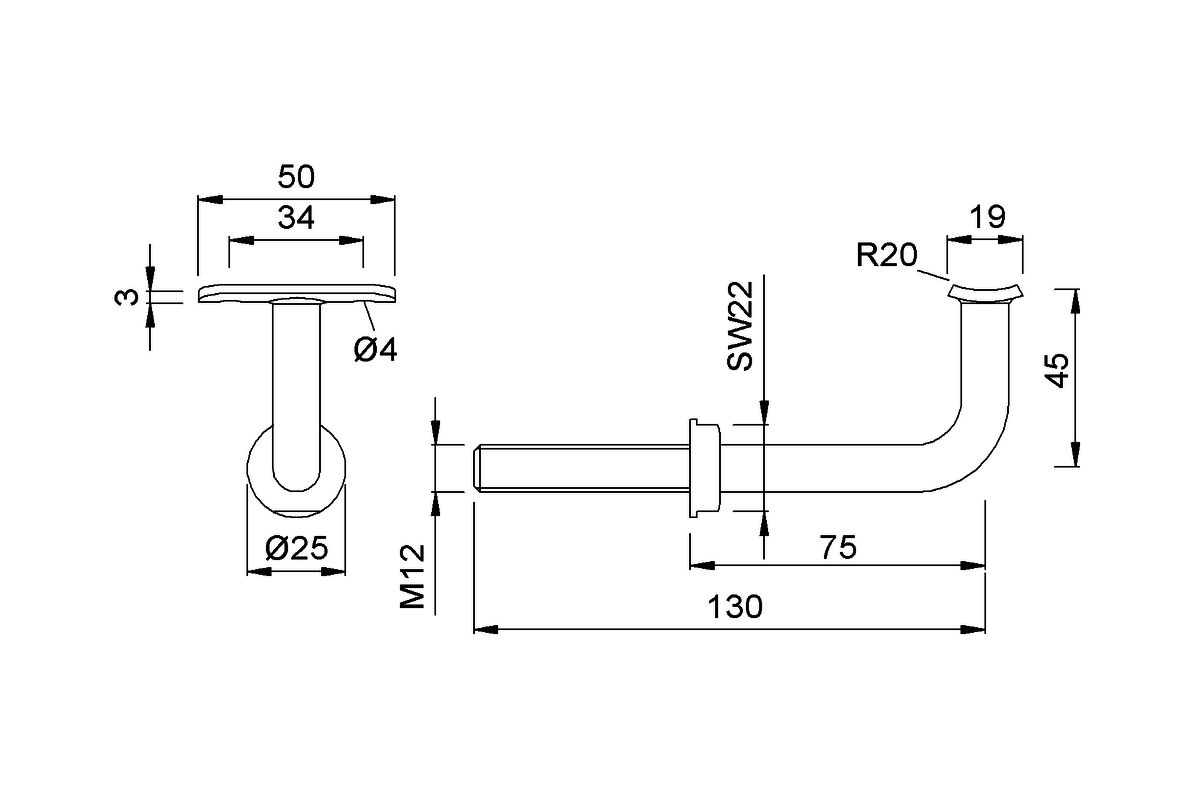 Product drawing KWS Handrail support 4528