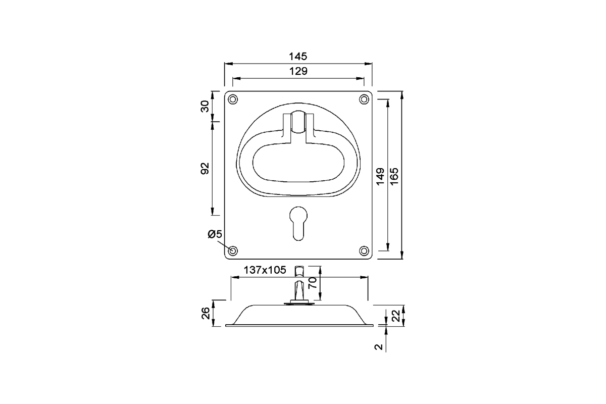 KWS 5164.. ff. Flush handle Product drawing KWS Flush handle 5164 / 5165 / 5166 / 5167