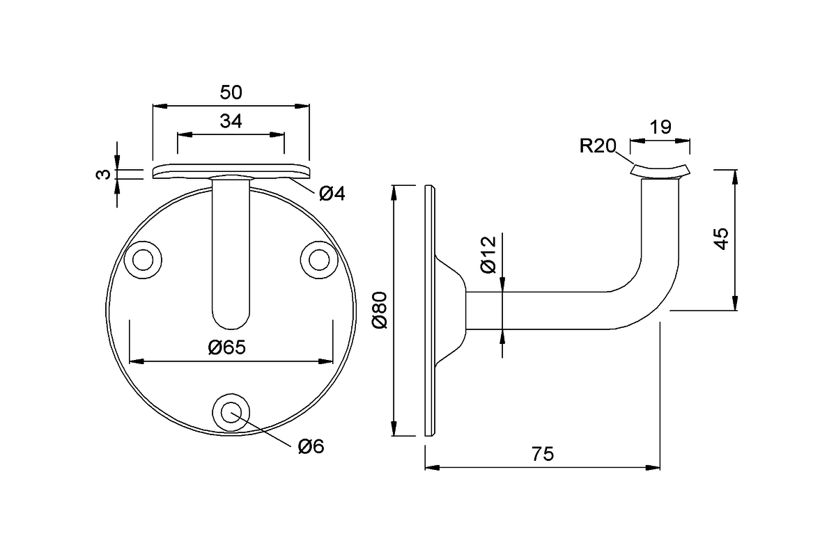 KWS 4574.. Handrail support Product drawing KWS Handrail support 4574
