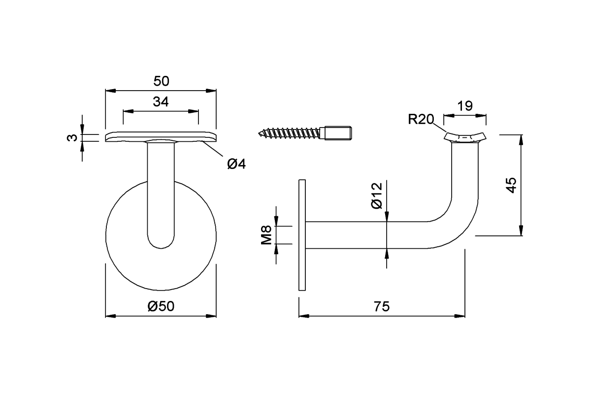 Product drawing KWS Handrail support 4570