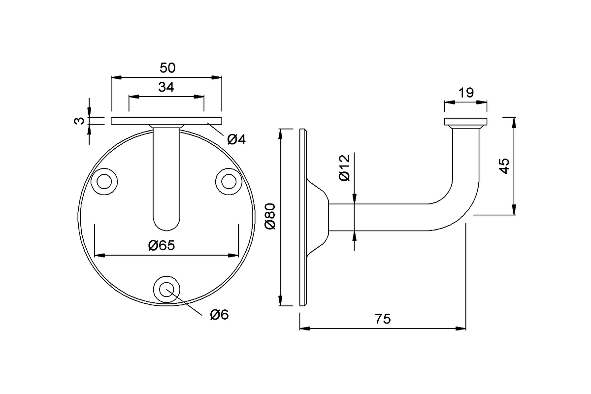 Product drawing KWS Handrail support 4575